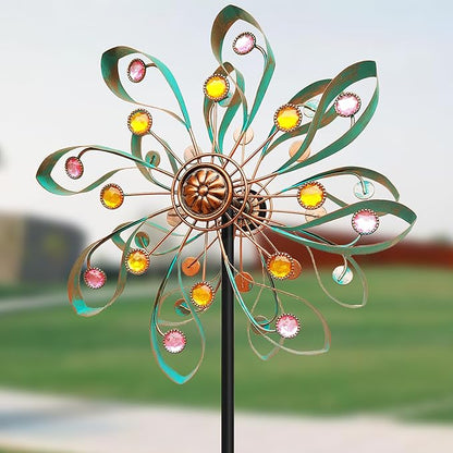 360° Outdoor Wind Spinner, Wind Sculpture Spinner with Metal Stake, Yard Art Decor for Patio, Lawn & Garden (Ribbon Style)