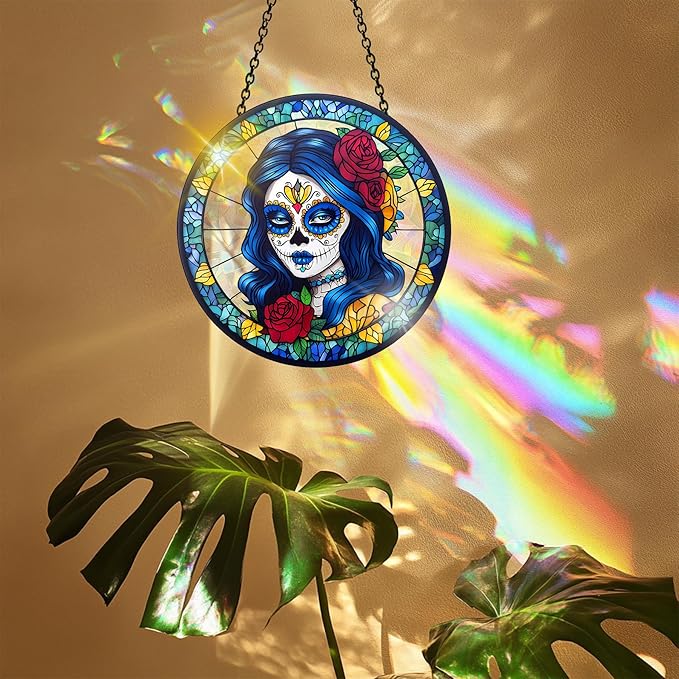 VAIIEYO Skull Women Acrylic Sun Catcher Window Hanging Decoration, 7.8 Inch Double-Sided Light Reflecting Ornament for Window, Garden, Porch or Balcony Decor, Housewarming, Gift for Natural Lovers