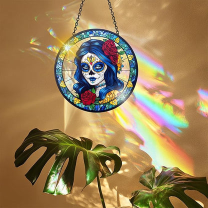 VAIIEYO Skull Women Acrylic Sun Catcher Window Hanging Decoration, 7.8 Inch Double-Sided Light Reflecting Ornament for Window, Garden, Porch or Balcony Decor, Housewarming, Gift for Natural Lovers