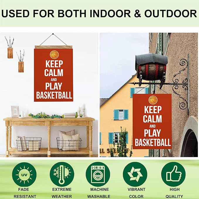 Mugod Basketball House Flag 28x40 Inch Double Sided Outside, Keep Calm and Play Basketball Motivational Quote Word Party Holiday Burlap Yard Garden Outdoor Decoration