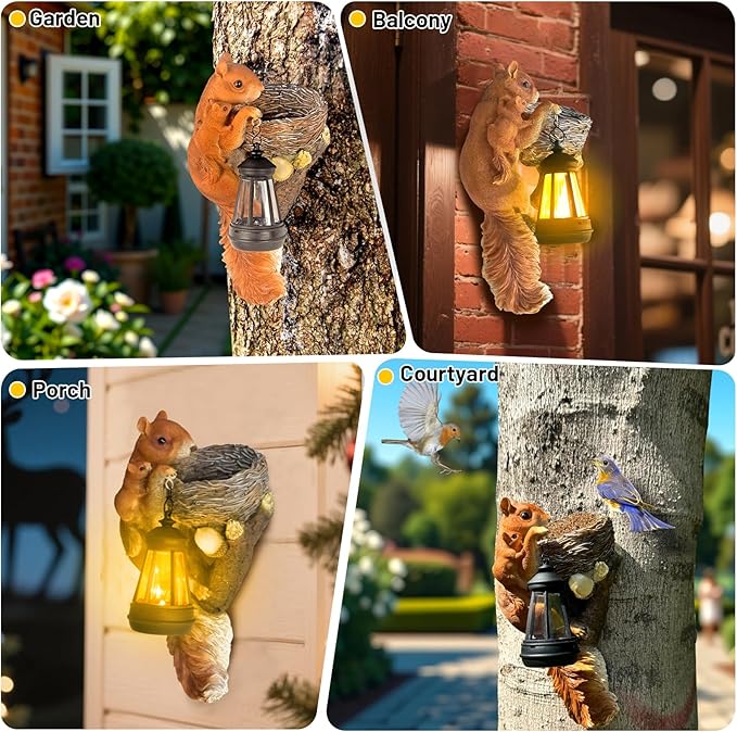 Garden Decor Squirrel Tree Hugger, Outdoor Statue with Solar Powered Lantern for Outside Porch Patio Wall Tree Fence, Housewarming Gifts for Women Mom Garden Lovers