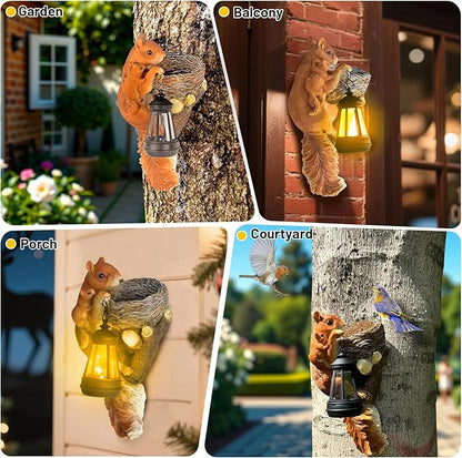 Garden Decor Squirrel Tree Hugger, Outdoor Statue with Solar Powered Lantern for Outside Porch Patio Wall Tree Fence, Housewarming Gifts for Women Mom Garden Lovers