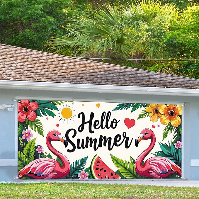 13x6 ft Hello Summer Flamingo Garage Door Banner - Colorful Flamingo Watermelon Pattern with Greeting Backdrop, Hanging Garage Decor - for Summer Welcome Pool Party, Fun Outdoor Wall Sign