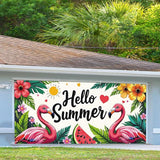 13x6 ft Hello Summer Flamingo Garage Door Banner - Colorful Flamingo Watermelon Pattern with Greeting Backdrop, Hanging Garage Decor - for Summer Welcome Pool Party, Fun Outdoor Wall Sign
