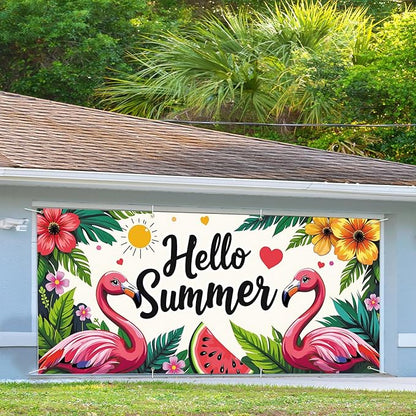 13x6 ft Hello Summer Flamingo Garage Door Banner - Colorful Flamingo Watermelon Pattern with Greeting Backdrop, Hanging Garage Decor - for Summer Welcome Pool Party, Fun Outdoor Wall Sign