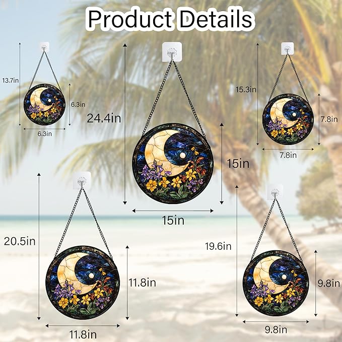 Stained Glass Window Hanging - Blue Night Sky Moon Suncatcher for Door Terrace Garden Home Decor Wildflowers Sun Catcher Birthday Gifts for Lovers Women Men Dad Mom Nana 11.8 in