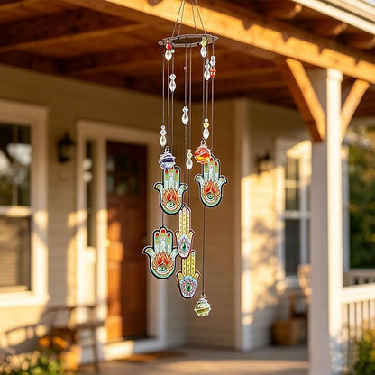 Wind Chimes Outdoor Decor, Metal Memorial Windchimes Hanging Decoration for Garden Home Yard and Christmas Tree,15'' Hamsa Hand Evil Eye Chakra Glass Beaded Design Christmas Decor