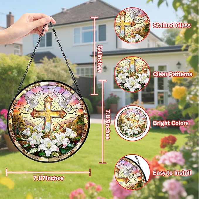 Cross Stained Glass Window Hanging, Flower Suncatcher Diamond Glass Panel Hangings, Sun Catchers Indoor Windows Wall Art Decor, Pastor Christian Gift, for Home Office 7.87 inches