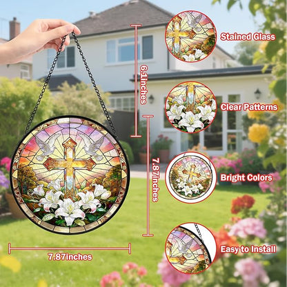 Cross Stained Glass Window Hanging, Flower Suncatcher Diamond Glass Panel Hangings, Sun Catchers Indoor Windows Wall Art Decor, Pastor Christian Gift, for Home Office 7.87 inches