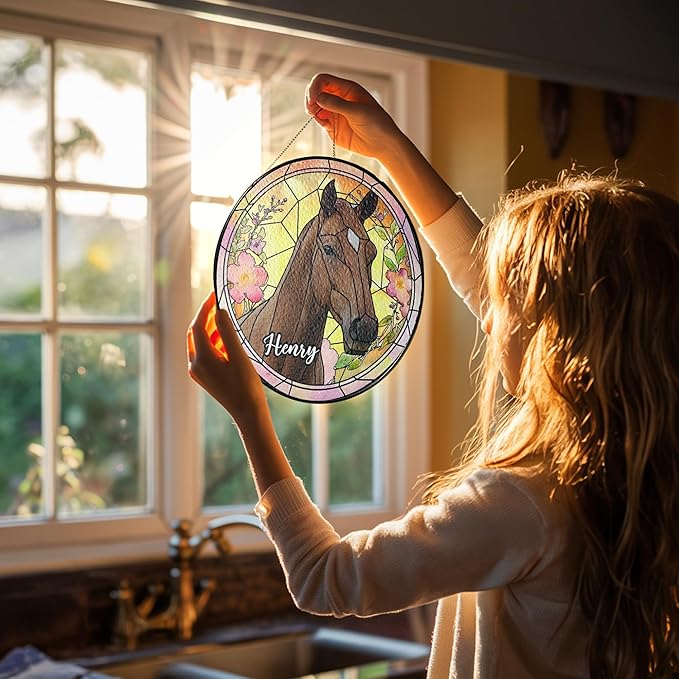 NAZENTI Personalized Horse Stained Glass Suncatcher with Photo, Custom Name Horse Ornament Window Hanging, Home Decor Gifts for Pet Day, Christmas, Memori, Sympathy Gift for Loss of Horse