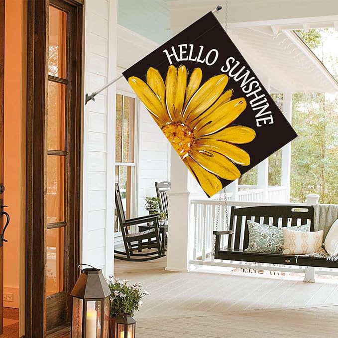 AVOIN colorlife Hello Sunshine House Flag 28x40 Inch Double Sided Outside, Summer Spring Floral Yellow Daisy Yard Outdoor Flag Black