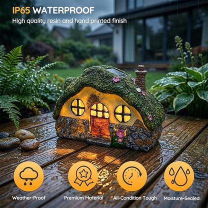 Solar Fairy Garden House, Outdoor Resin Statues, Outdoor Figurine Lights, Fairy Houses for Outside, Garden Statues House, for Patio, Yard, Balcony Decoration