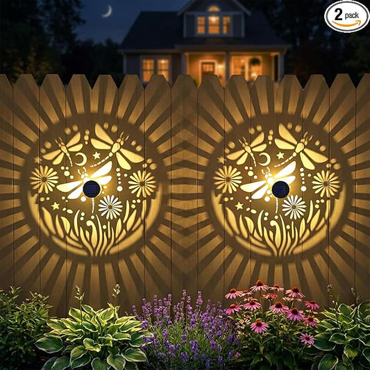 2 Pack Solar Fence Lights Outdoor Wall Lights Metal Solar Powered Deck Step Stair Lights Dragonfly Theme Waterproof Fence Solar Light for Garden Post Patio Yard Decor, Gardening Gifts for Women Mom