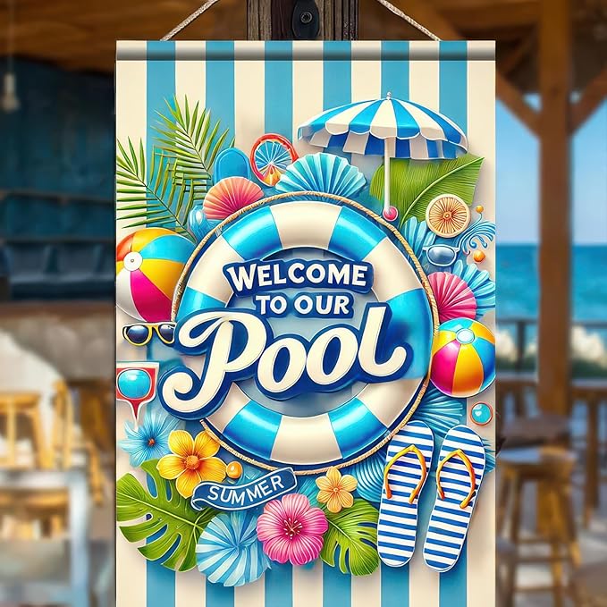 HOMETITUTE Welcome to Our Pool Summer Garden Flag 12x18 Inch Double Sided Summer Swimming Pool Yard Flag Palm Leaf ParasolParty Seasonal Farmhouse Banner Outdoor Decor Poolside
