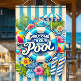 HOMETITUTE Welcome to Our Pool Summer Garden Flag 12x18 Inch Double Sided Summer Swimming Pool Yard Flag Palm Leaf ParasolParty Seasonal Farmhouse Banner Outdoor Decor Poolside