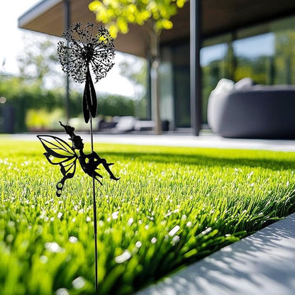 Flower Fairy Dancing with Dandelion Garden Sculpture,Angel Metal Ornaments Stainless Steel Statue Decorations,Wonderland Outdoor Yard Lawn Patio Stakes Sculptures Decor (F)