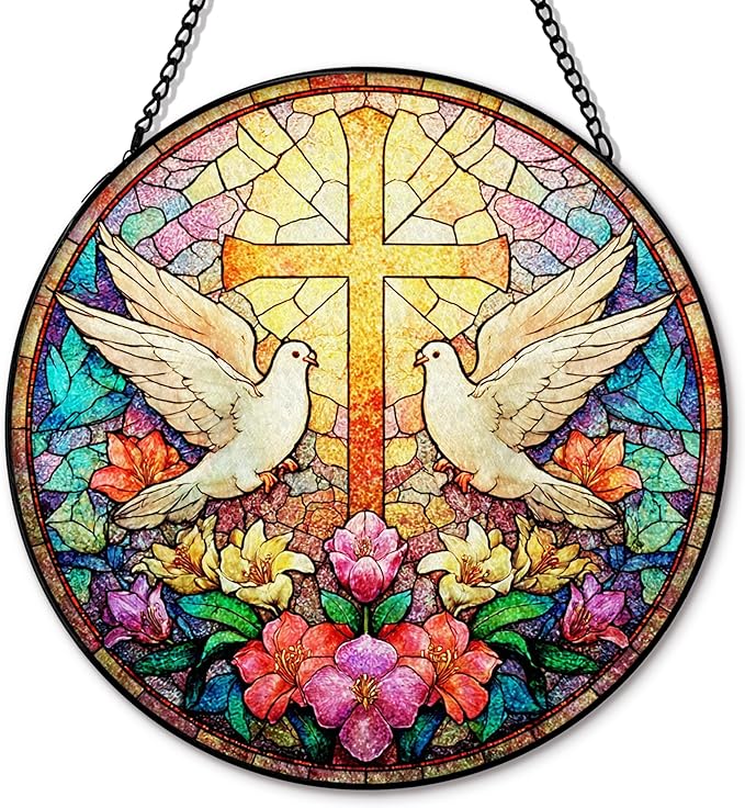 Christian Cross Wildflowers Suncatcher Stained Glass Window Hanging, Christian Flower Sun Catchers Indoor Window Glass Round Wall Decor, Religious Cross Wall Art Hanging Decorations, ＂7.8x7.8＂