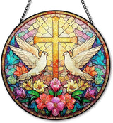 Christian Cross Wildflowers Suncatcher Stained Glass Window Hanging, Christian Flower Sun Catchers Indoor Window Glass Round Wall Decor, Religious Cross Wall Art Hanging Decorations, ＂7.8x7.8＂