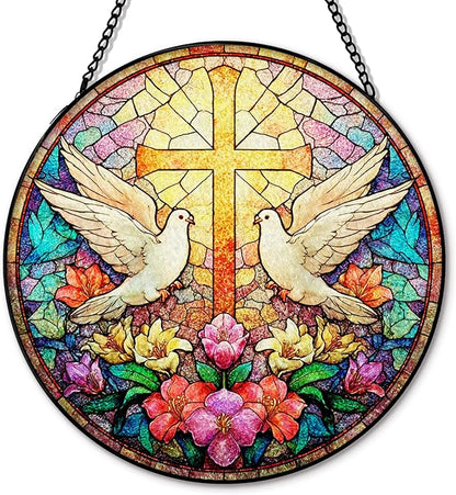 Christian Cross Wildflowers Suncatcher Stained Glass Window Hanging, Christian Flower Sun Catchers Indoor Window Glass Round Wall Decor, Religious Cross Wall Art Hanging Decorations, ＂7.8x7.8＂