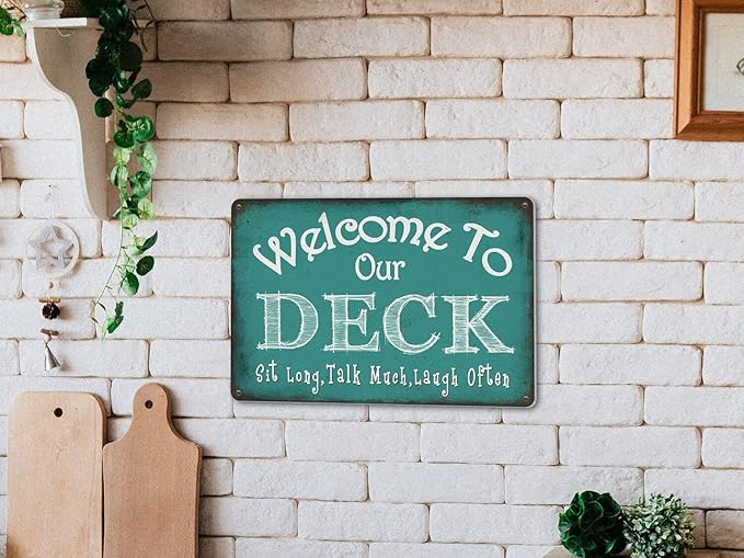 Welcome to Our Deck Sign Backyard Accessories Decor Outdoor, ALREAR Vintage Metal Tin Signs Farmhouse Home Wall Decorations 8x12 Inches
