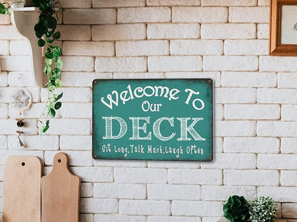 Welcome to Our Deck Sign Backyard Accessories Decor Outdoor, ALREAR Vintage Metal Tin Signs Farmhouse Home Wall Decorations 8x12 Inches