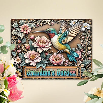 Custom Garden Signs Personalized Metal Tin Sign for Women, Retro Hummingbird Metal Sign for Outdoor, Patio, Yard Home Decor Gift for Mothers Day, Grandmas, and Gardening Lovers