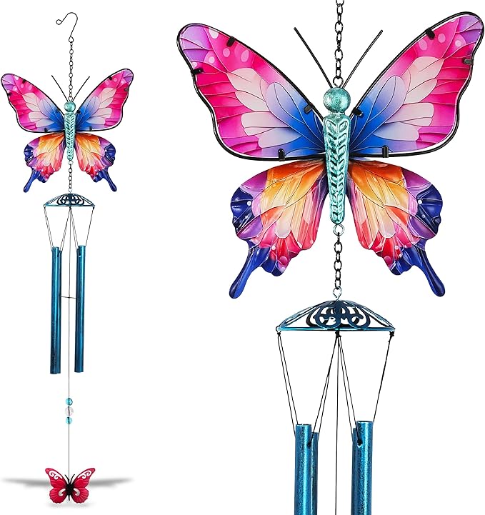 CoTa Global Magical Butterfly Wind Chime - Insect-Themed Metal Hanging Decor with Metallic Blue-Tone Tubes and Beaded Accents, Indoor Outdoor Porch Patio Garden Decoration - 32 Inches