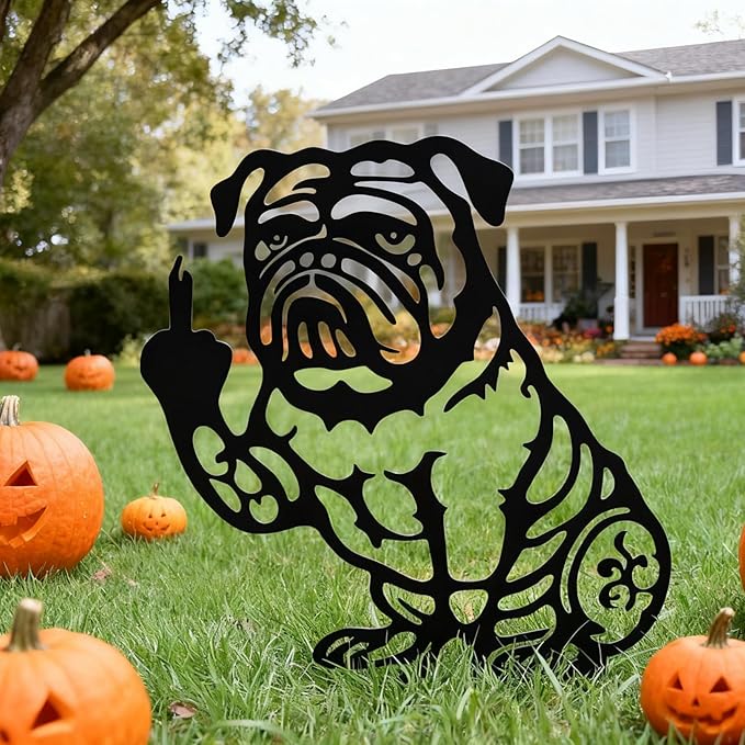 DS. DISTINCTIVE STYLE Bulldog Decor Funny Middle Finger Bulldog Statue Metal Black Dog Yard Art for Outdoor Garden, Patio, Pathway