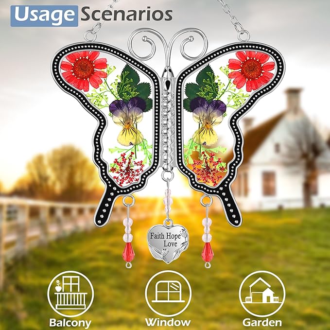KY&BOSAM Suncatcher Butterfly Stained Glass FHL Butterfly Suncatchers Ornament hangings for Windows Wind Chime with Pressed Flower Butterfly Embedded in Glass Mother`s Day Birthdays