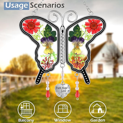 KY&BOSAM Suncatcher Butterfly Stained Glass FHL Butterfly Suncatchers Ornament hangings for Windows Wind Chime with Pressed Flower Butterfly Embedded in Glass Mother`s Day Birthdays
