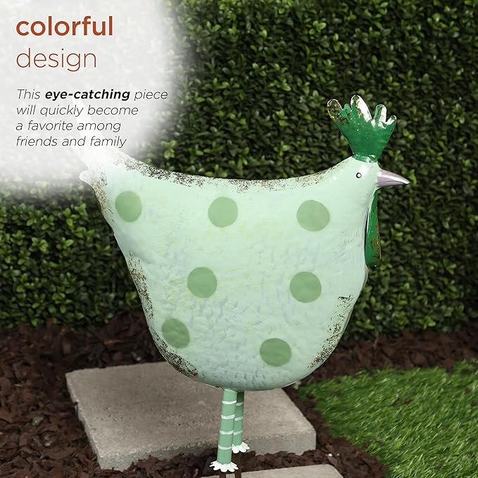 Alpine Corporation 21" Tall Outdoor Metal Polka Dot Standing Hen Yard Statue, Green