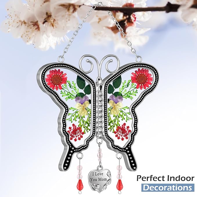 KY&BOSAM Metal Transparent Glass Butterfly Suncatcher with I Love You Mom Engraved Tag Real Preserved Dried Flower Window Hanging Ornament Garden Home Wall Decor Mothers Day Birthday Gift for Mom Nana