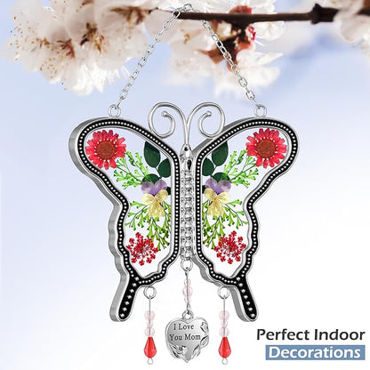 KY&BOSAM Metal Transparent Glass Butterfly Suncatcher with I Love You Mom Engraved Tag Real Preserved Dried Flower Window Hanging Ornament Garden Home Wall Decor Mothers Day Birthday Gift for Mom Nana