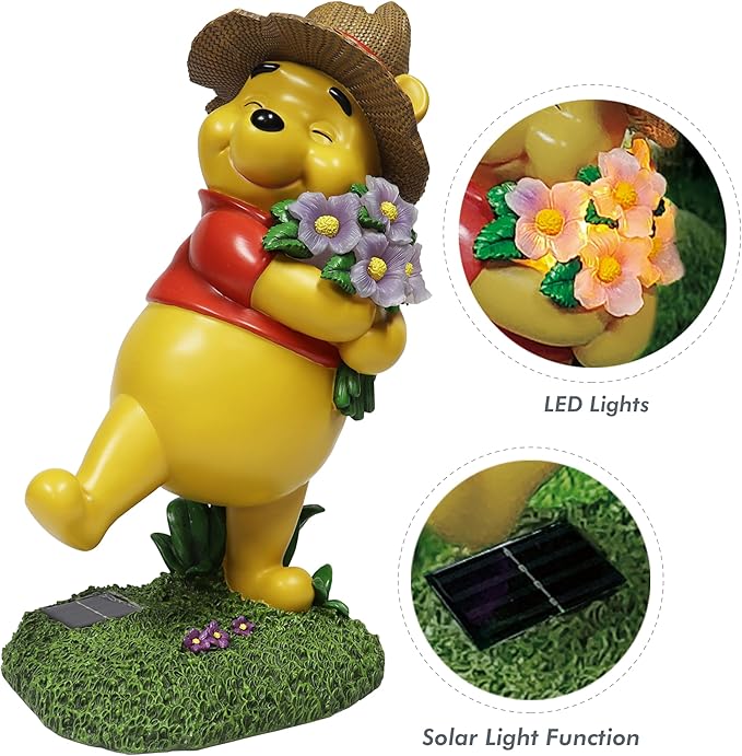 MOMENTS IN TIME Disney Winnie The Pooh Garden Statue Solar Lighted Outdoor 18.9” Figurine Hand-Painted Polyresin Pooh Bear with Flowers Whimsical Yard Lawn Patio Décor