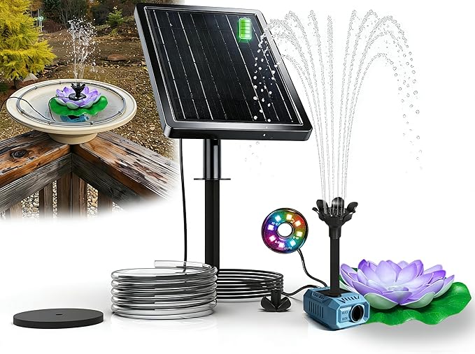 Solar Fountain Pump with 5000mA Battery Backup,Pond Pumps,Solar Bird Bath, Lily Pads for Ponds,9W Solar Panel,Pond Plants，Water Garden (Purple)