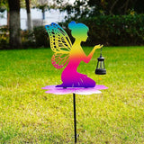 Rainbow Solar Fairy Garden Stake - 21" Iridescent Metal Fairy Silhouette with Warm LED Lantern, Waterproof Outdoor Decorative Light for Path, Yard, Flower Pot - Unique Gardening Gifts for Women/Mom
