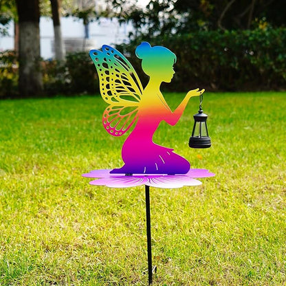 Rainbow Solar Fairy Garden Stake - 21" Iridescent Metal Fairy Silhouette with Warm LED Lantern, Waterproof Outdoor Decorative Light for Path, Yard, Flower Pot - Unique Gardening Gifts for Women/Mom