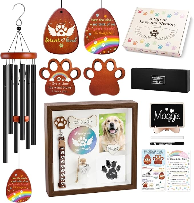 Dog Memorial Wind Chimes and Shadow Box, Pet Memorial Gifts for Dogs, Loss of Dog Cat Sympathy Remembrance Gift Picture Frame Set, Pets Passing Away Bereavement Grieving Gift