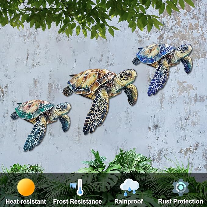 Metal Turtle Wall Decor Outdoor Turtle Coastal Ocean Sea Wall Art Sculptures Hanging Decorations for Bedroom, Living Room, Garden, Fence, Patio Set of 3