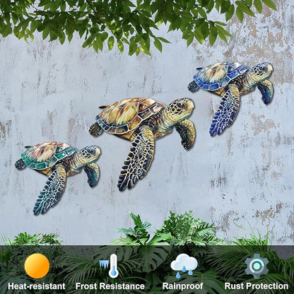 Metal Turtle Wall Decor Outdoor Turtle Coastal Ocean Sea Wall Art Sculptures Hanging Decorations for Bedroom, Living Room, Garden, Fence, Patio Set of 3