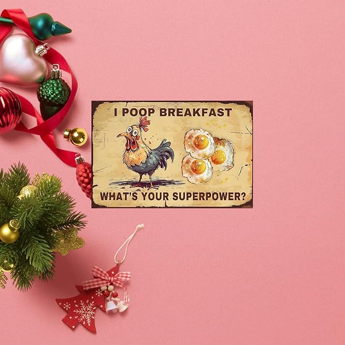 Chicken-Sign Metal-Sign Wall-Art Décor-Yard, Poop Breakfast Superpower, Farm Plaque Garden Sign Outdoor Coop Décor for Home Fence 8 X 12 Inches