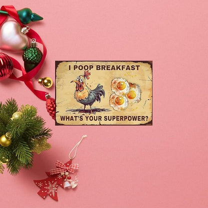 Chicken-Sign Metal-Sign Wall-Art Décor-Yard, Poop Breakfast Superpower, Farm Plaque Garden Sign Outdoor Coop Décor for Home Fence 8 X 12 Inches