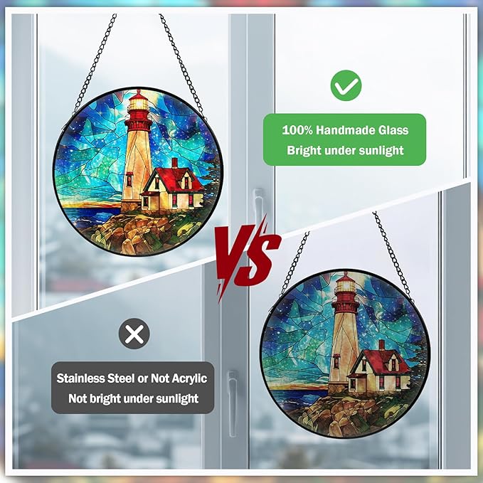 Lighthouse Stained Glass Window Hanging, Suncatcher Diamond Glass Panel Hangings, Suncatchers Indoor Windows Wall Art Decor, Gift for Mom Grandma, Christmas Decor for Home Office Garden 7.87 inches