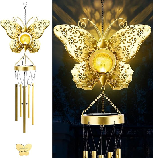 JYPS Butterfly Solar Wind Chimes, 40-Inch Large Waterproof Windchime for Outside with Glowing Crackle Glass Ball, Garden Patio Yard Decor Christmas Day Birthday Unique Gifts for Women Mom Grandma Wife