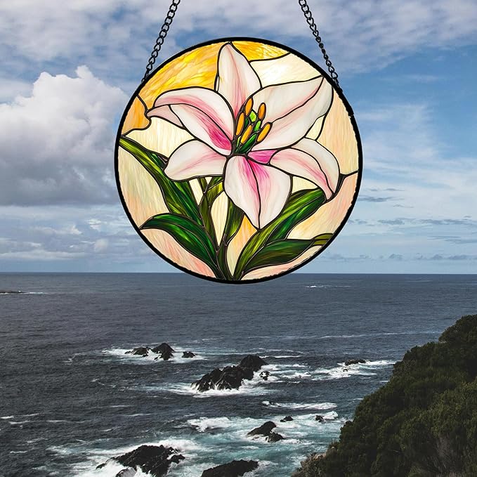 Stained Glass Window Hanging 4 Pcs Set Lily Rose Sunflower Poppy Large 15" - Flower Suncatcher Door Garden Sun Catcher Decor Birthday Mother's Day for Wife Woman Nana Girl