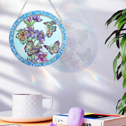 Butterfly Stained Glass Window Hanging - Butterfly Gifts for Women, Birds Suncatchers for Windows - Birds Window Hangings with Chain and Hook, 6 inch Stained Glass Suncatcher for Mom