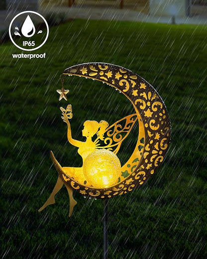 Vuees Solar Garden Statues Outdoor Decor, Fairy Moon Figurine Light Stake, Housewarming Ornament for Patio, Lawn, Yard, Pathway - Unique Gift Ideas for Gardening Mom Grandma