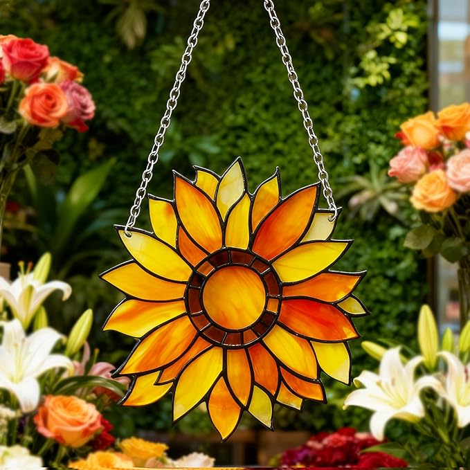 Sunflower Sun Catcher Stained Glass, Sunflower Suncatcher for Window, Hanging Suncatcher for Grandma/Mom/Women
