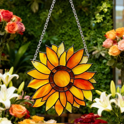 Sunflower Sun Catcher Stained Glass, Sunflower Suncatcher for Window, Hanging Suncatcher for Grandma/Mom/Women