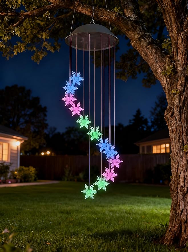Solar Powered Snowflake Wind Chimes, Color Changing LED Outdoor Decorative Lights, Garden Patio Holiday Hanging Decoration